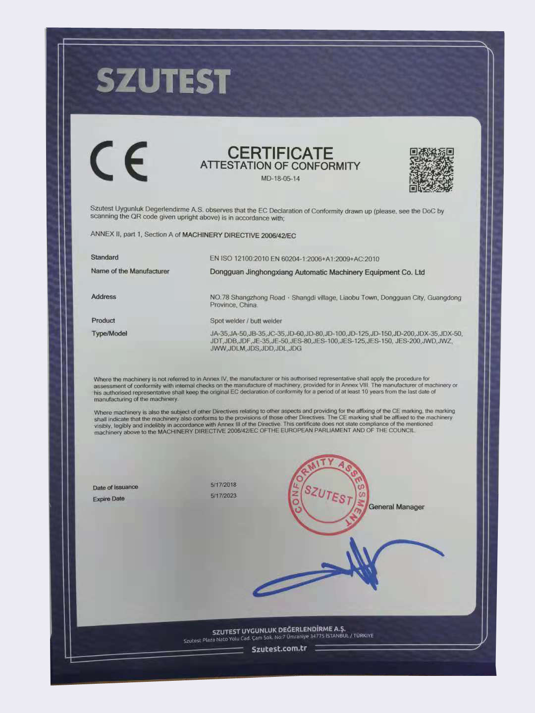 Trung Quốc Dongguan Jinghongxiang Automation Equipment Co., Ltd. Chứng chỉ